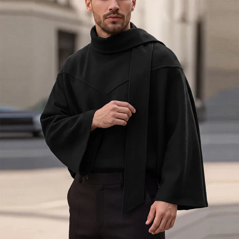 Men's Sweatshirts Solid Cloak Cape For Man Long Sleeve Scarf Collar Streetwear Autumn Winter Fashion Ponchos Hoodies