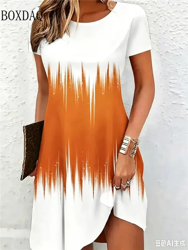 New Women's Summer Dresses Loose Short Sleeve Round Neck Gradient Pattern Printed Casual Party Dress