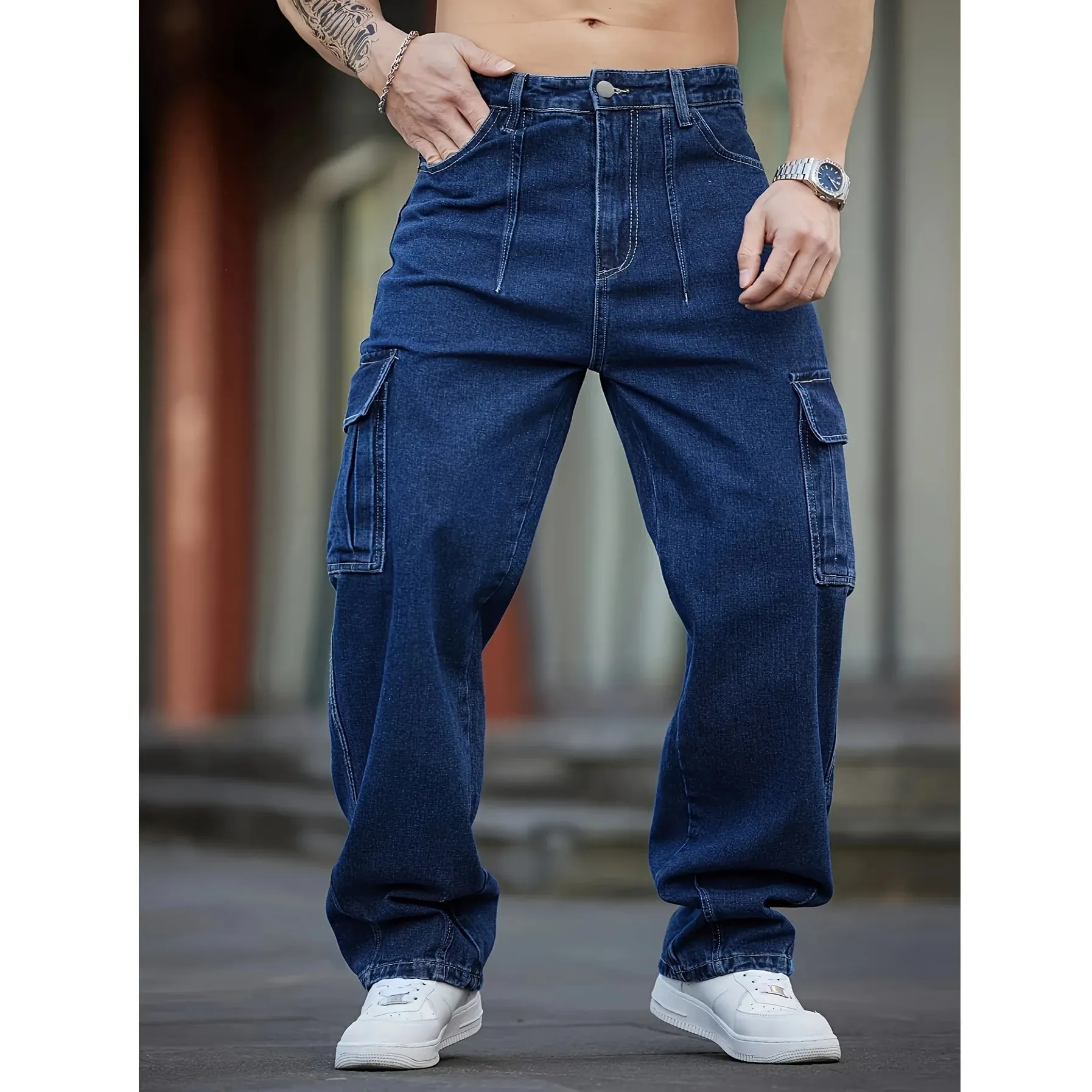 2026 New Arrival Men Cargo Jeans Multi‑Pocket Loose Wide Leg Straight Denim Pants HipHop Street Workwear Trousers