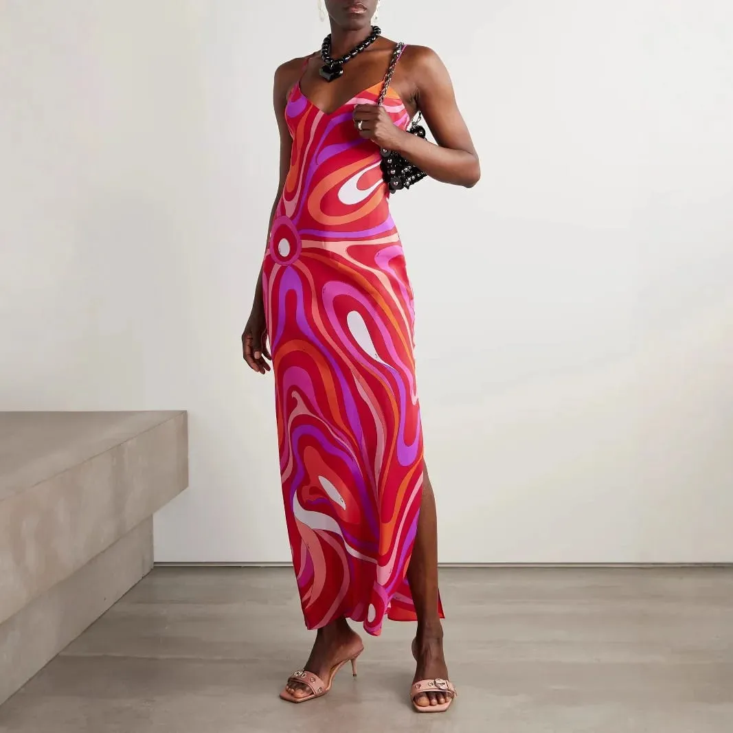 Vestidos Para Mujer Bohemian Vacation Dress Casual Sleeveless Strap High Waisted Party Dress Side Split Slim Women Robe Dresses