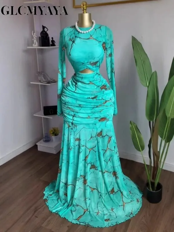 2025 Fall Women O-neck Long Sleeve Print Mermaid Maxi Dress 2025 Evening Birthday Beach Sexy Night Party Long Dresses