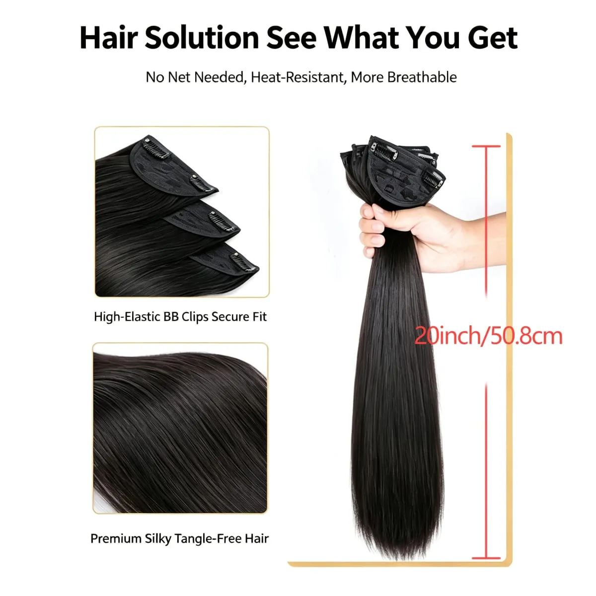 3 Pcs Invisible Seamless Clip in Hair Extensions Straight Synthetic Fiber Breathable Mesh Elastic BB Clips Lightweight Silky Hai