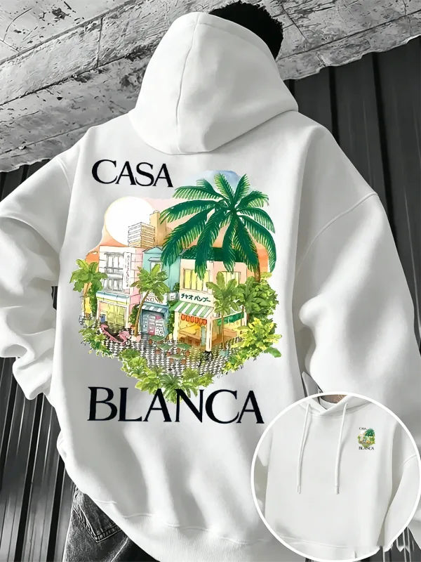 Men's Fall/Winter Fleece Hoodie with Tropical Palm City Landscape Print Warm and Loose Fit Street Style Hooded Sweatshirt