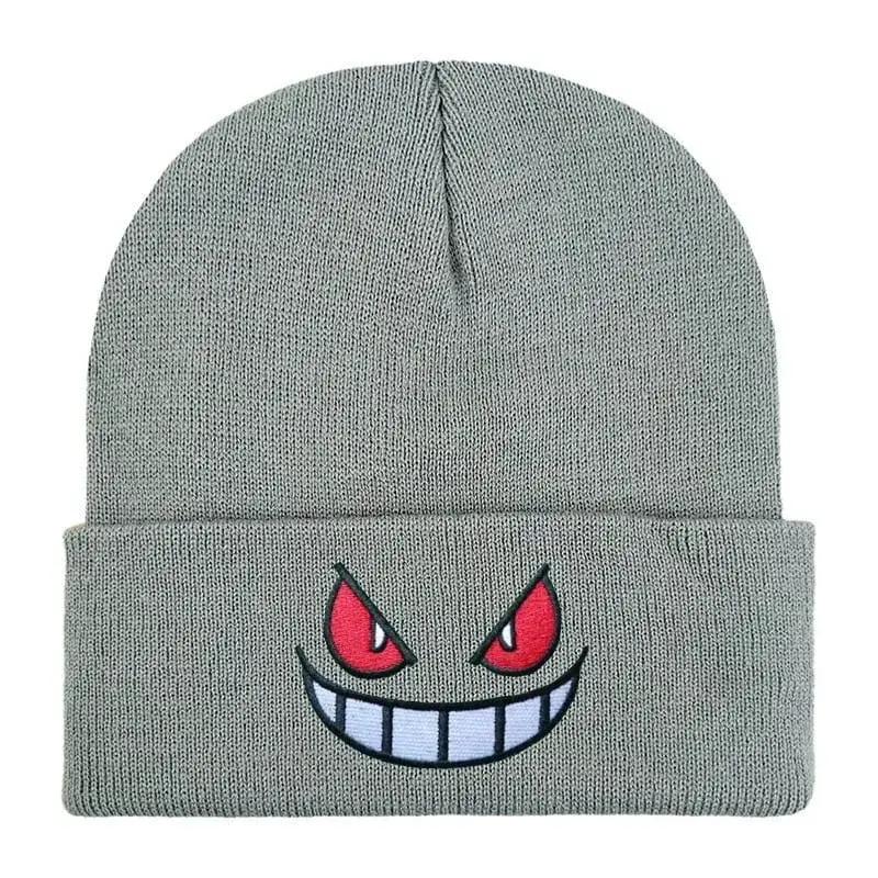 Pokemon Gengar Kartun Bordir Beanies Rajutan Skullies Musim Gugur Musim Dingin Topi Wol Hangat Gengar Wanita Pria Beanies