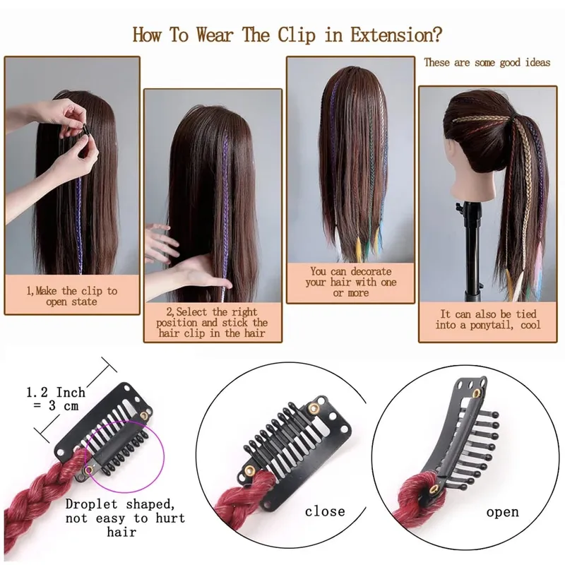 Sambungan Klip Dalam 5 Keping/Lot Sintetik Pelangi Berwarna-warni Sambungan Rambut Tocang 22 Inci Dengan Tocang Kotak Potong Rambut Ombre