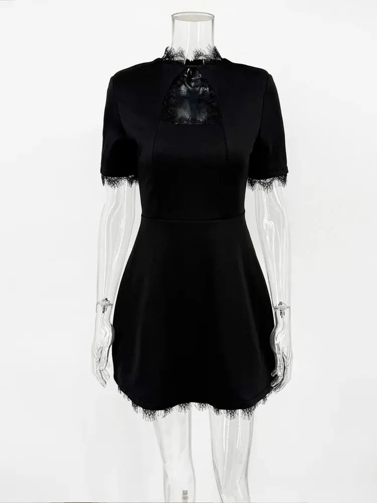 Tossy Black Lace Hollow Out Mini Dress Female Patchwork Short Sleeve Sexy High Waist Party Dress Women's Casual Printed Dress