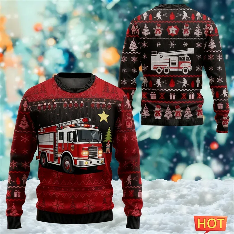 Fashion Fire Truck Graphic Ugly Christmas Sweater For Men Trendy Streetwear 3D Printed O Neck Sweatshirts Loose Streetwear Tops