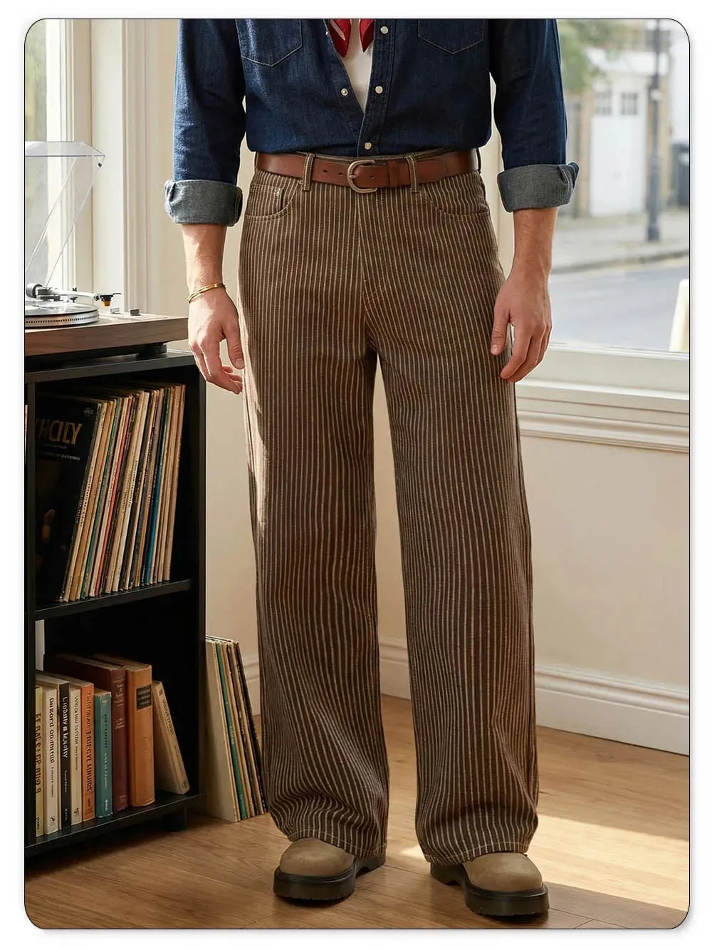 Japanese Korean Vertical Striped Jacquard Wide-leg Jeans British Retro Striped Business Casual Baggy-Fitting Denim Pants