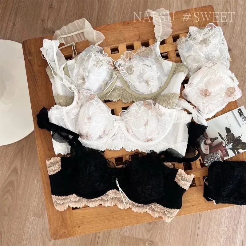 純粋な欲望ミニマイザーブラジャーウサギの耳カップ超薄型サポート大バストレトロ刺繍レースランジェリーセット女性 S-XL MOYISU