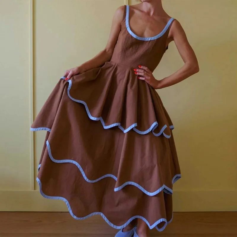 Fashion Contrast Ruffle Maxi Dress Women Sexy U Neck Sleeveless High Waist Loose Long Dresses 2026 Spring Summer Lady Boho Robe