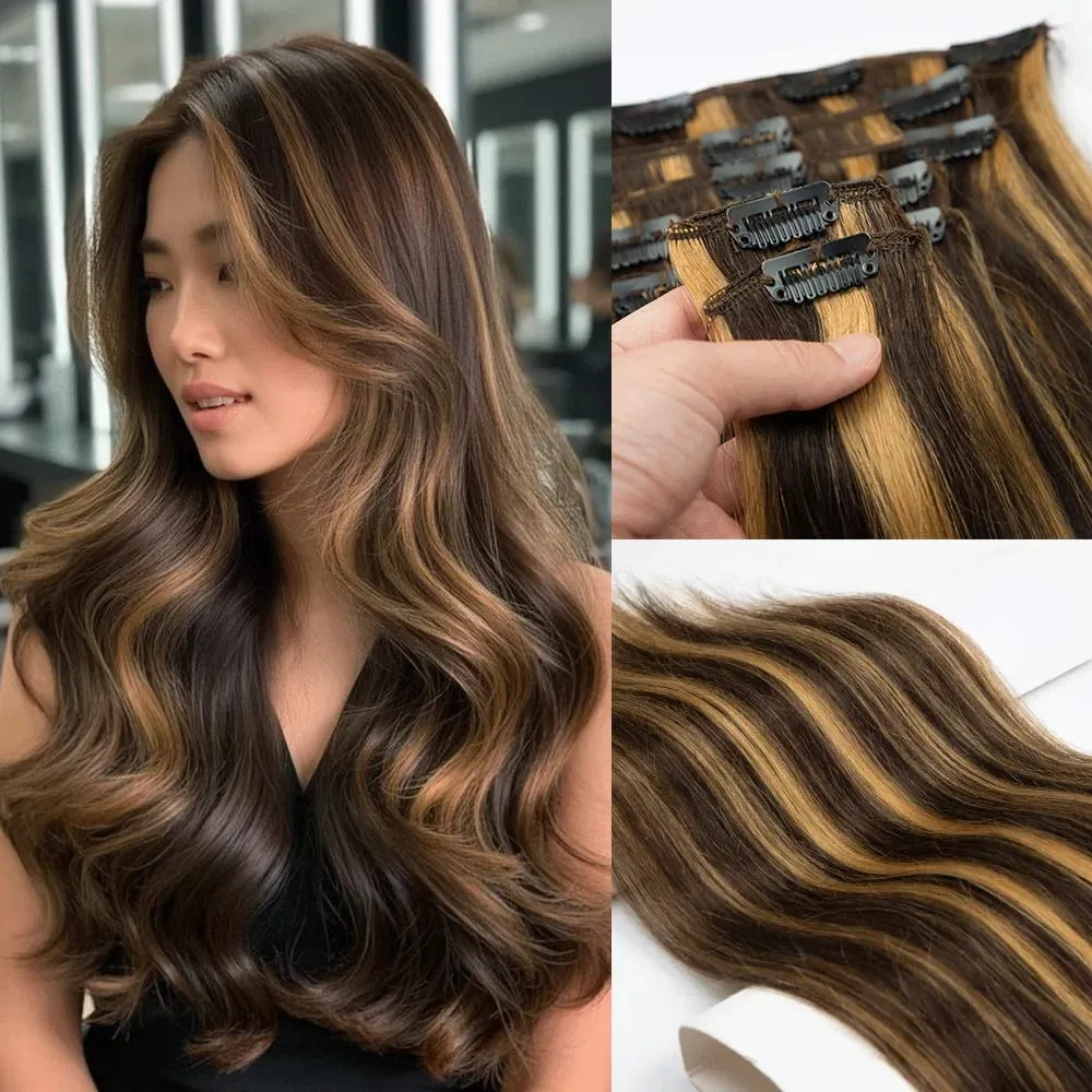 7PCS Double Weft Balayage Clip in Human Hair Extensions Light Brown to Bleach Blonde Ombre Remy Natural Straight Seamless for Wo