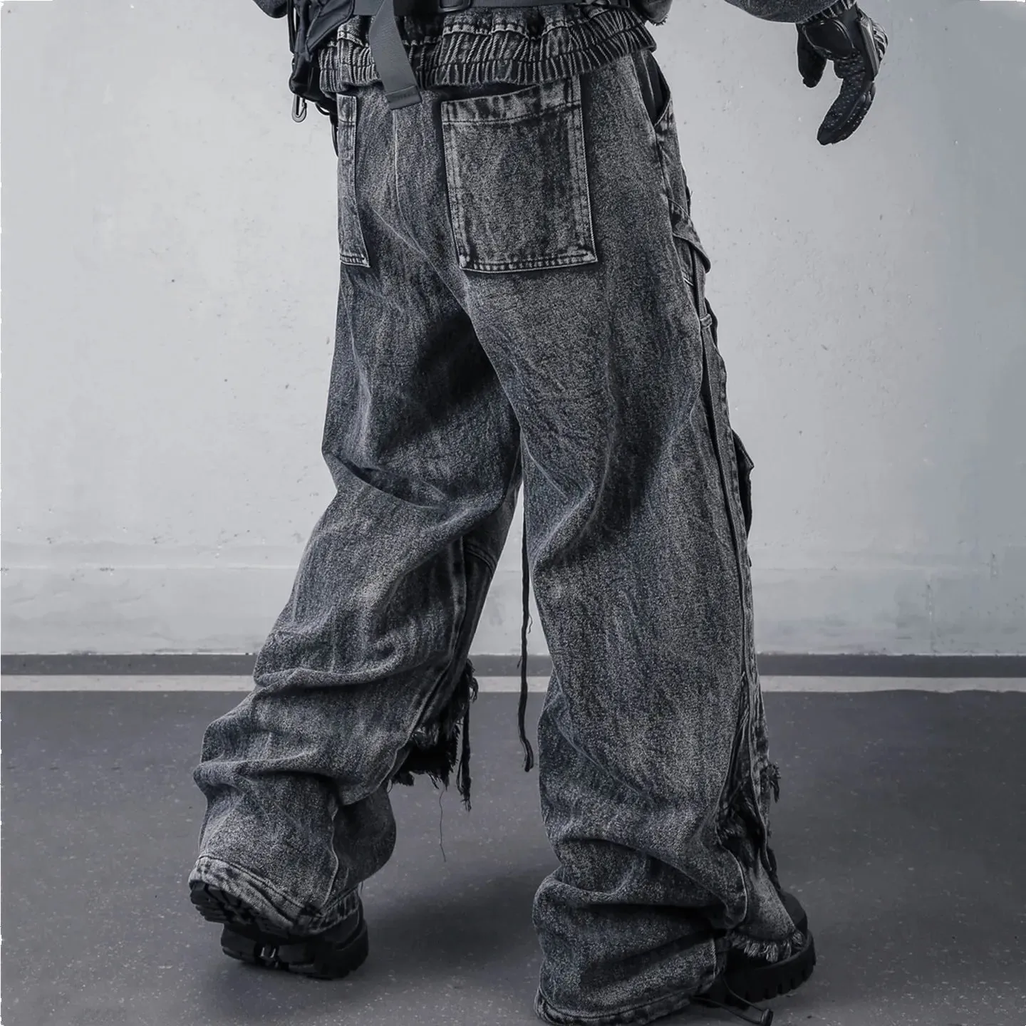 Deconstructed Straps Washed Vintage Cargo Jeans Man Woman Techwear Wasteland Style Wide Leg Tactical Baggy Pants Street Wear