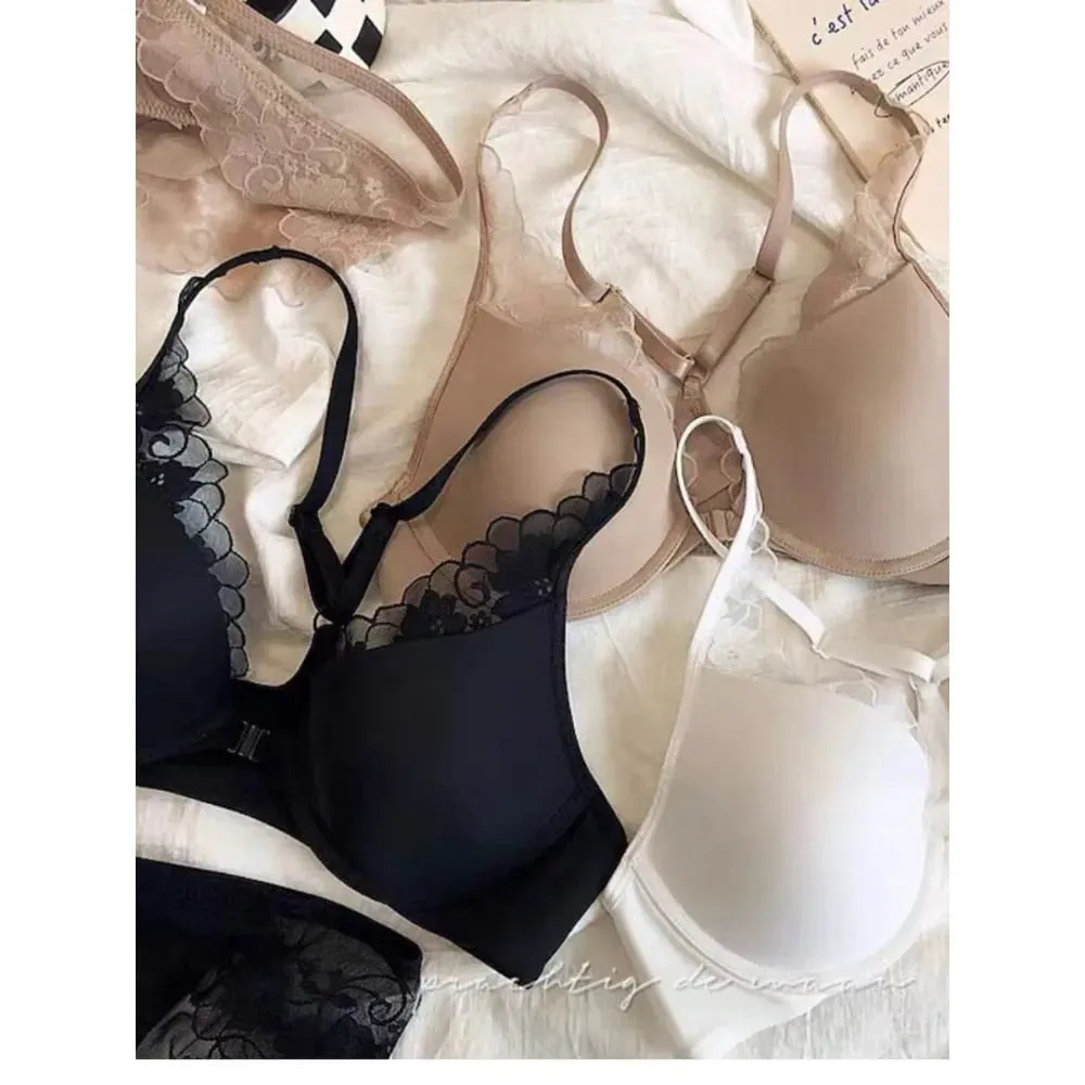 Seamless Front Buckle Halter Bra Soft Underwire Thin Summer Push Up Small Bust Minimizer Big Chest Sexy Back Lingerie 32-38 Set