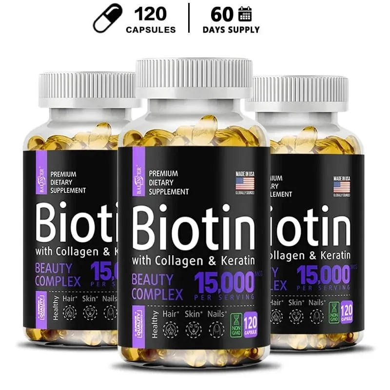 Biotin Capsules 15 000 MCG - Increase Healthier Shinier Hair Skin & Nails- 30 To 120 Capsules with Biotin Collagen A & B