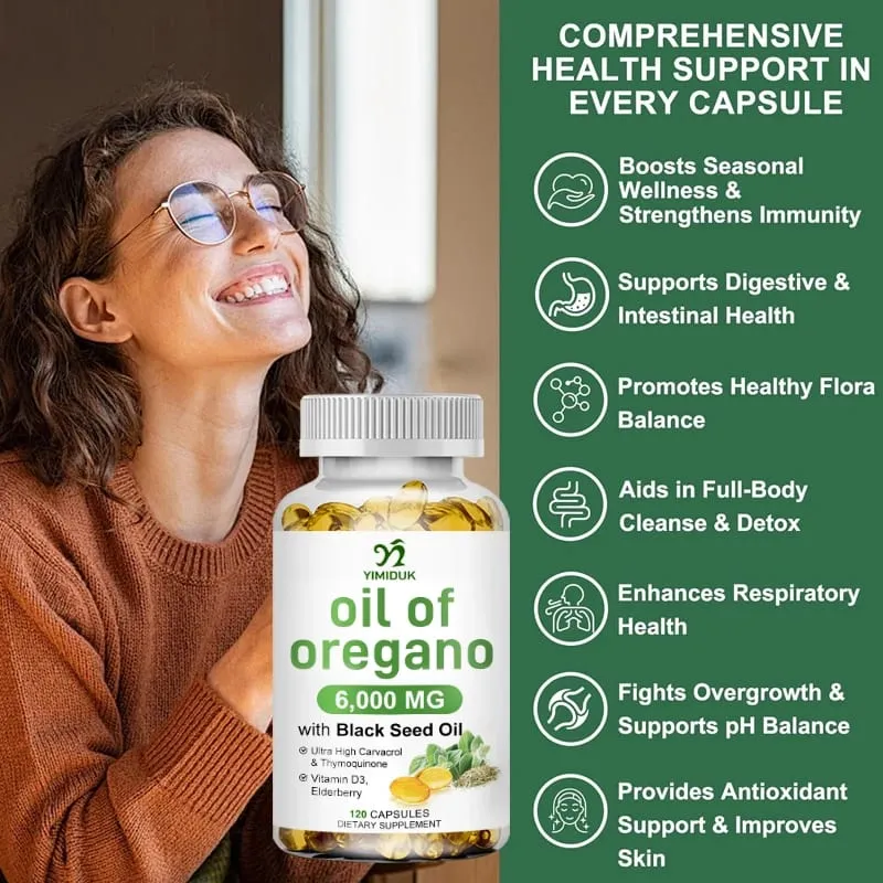 Oregano Oil + With Black Seed Oil & Elderberry + Vitamin D3 Supports Antioxidant & Skin Health Antibacterial & Immune System
