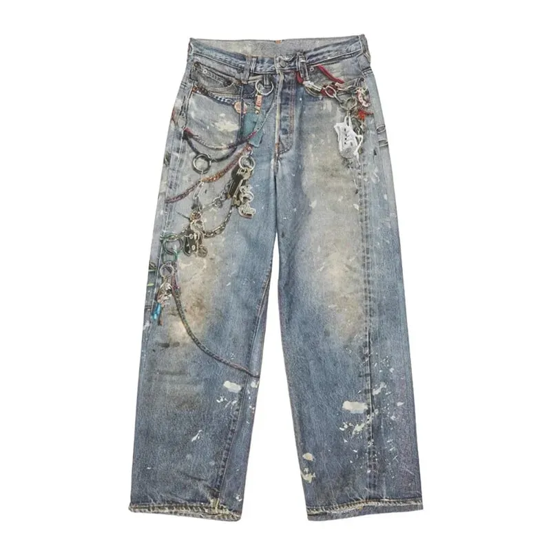 Street 3D Printed Candy Chain Denim Washed Jeans Baggy Fashion Curved Blade Harem Jeans Pants Men Y2k Wide Leg Trousers