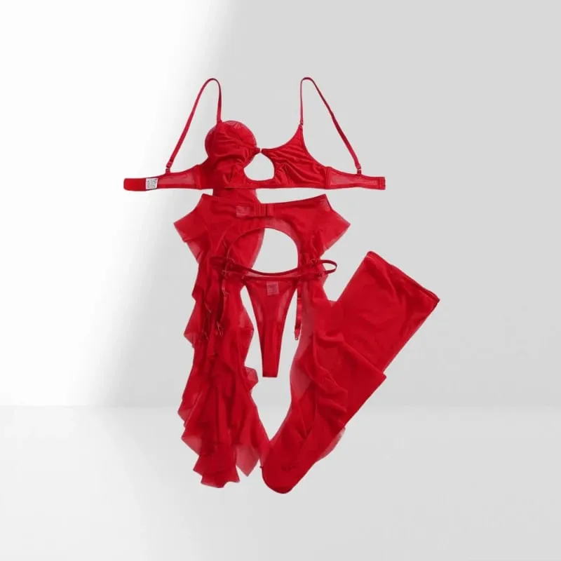 Red See Through Mesh Bra Set With Red Rose Decor Ruffle Edge Shapewear For Women Sexy Lingerie Split Set Sexy Lingerie Female
