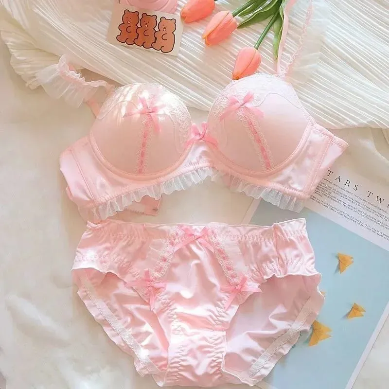 Set reggiseno e slip in pizzo rosa stile giapponese per donna Lingerie Reggiseni push up push up sexy con fiocco Bralette Mujer Slip reggiseno