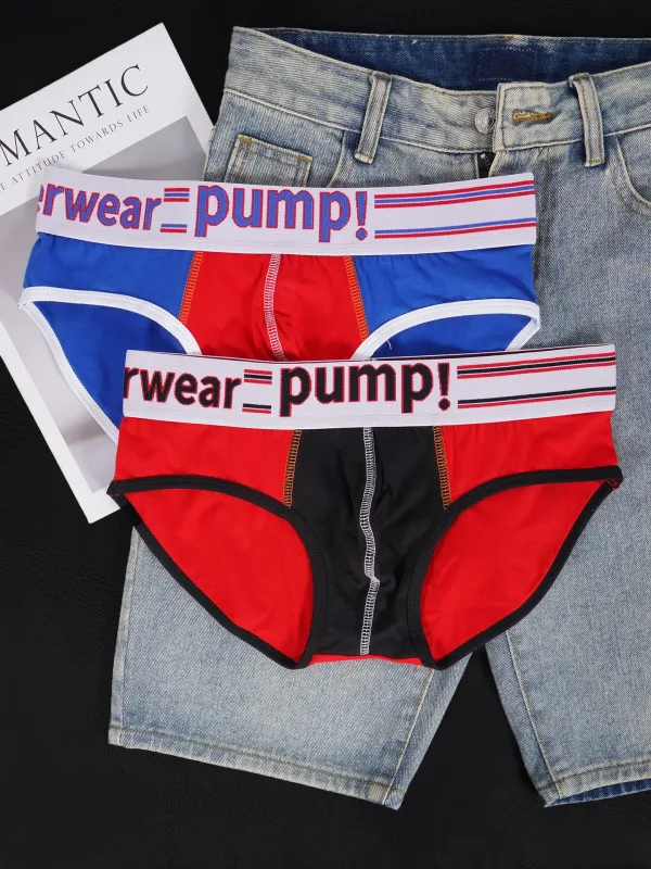 Celana Dalam Katun Warna Blok Pria, Pump! Logo Celana Dalam Kantong Cembung 3D Seksi Bertingkat Rendah Ikat Pinggang Lebar 3256813080433415
