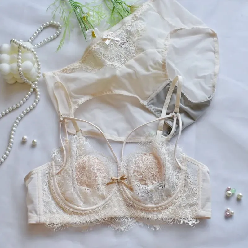 Korean Hot Trend Pure Desire Lace Bra Set Underwire Thin Cup Push Up Large Bust Visually Small Anti Droop Lingerie 32-38 Hot