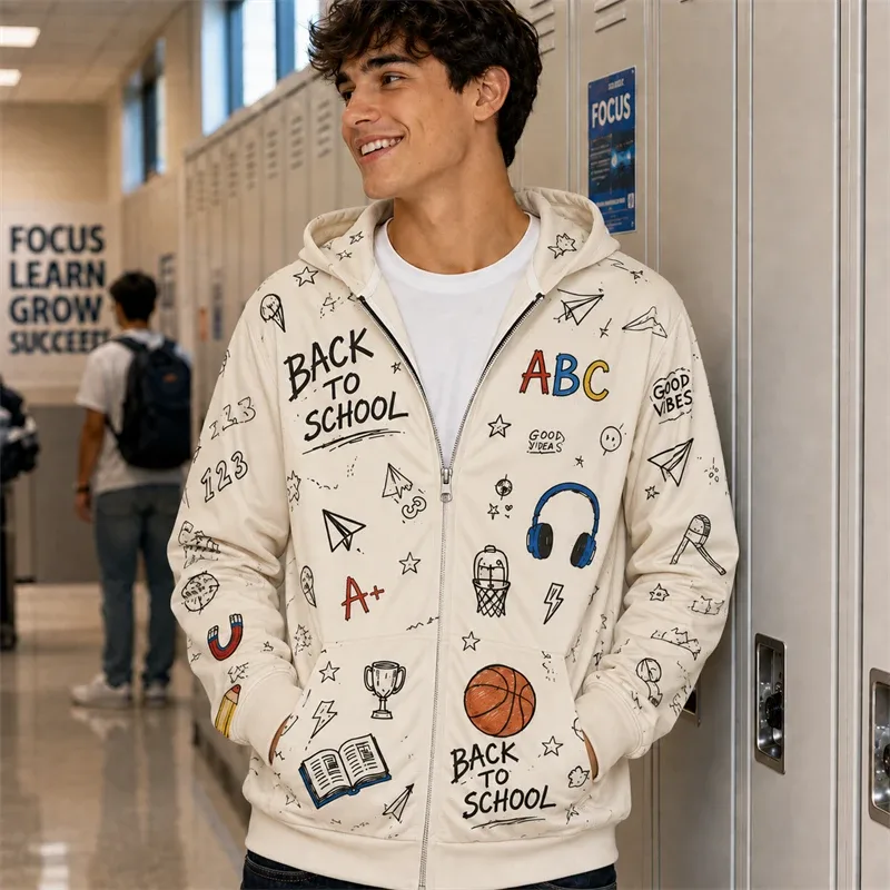 Zip Hoodie Men Back To School 3d Print A+ Graphic Basketball Book Pattern Hoodie New Y2k Gift Casual Street Hooded Sweatshirt