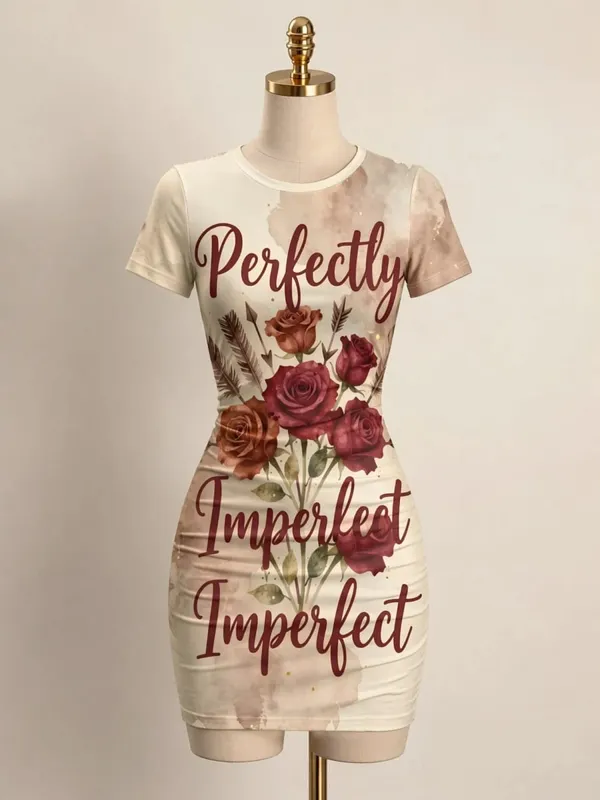 Pakaian Mini Bodycon Lengan Pendek Wanita Slim Fit Leher Krew Cetak Bunga Kasual Pesta Musim Panas Comel Regangan Bergaya Sundress
