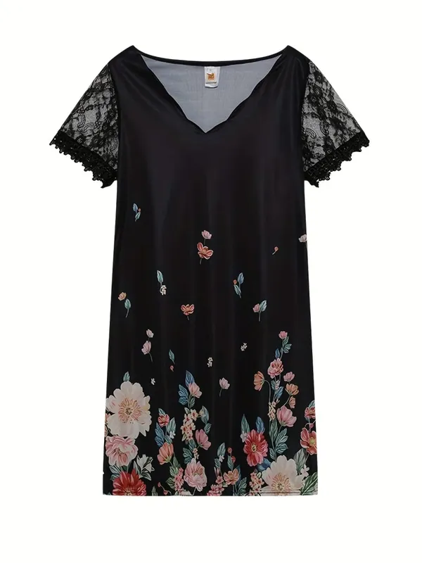 2026 New Women's New Positioning Printing Wave V-neck Lace Short-sleeved Dress