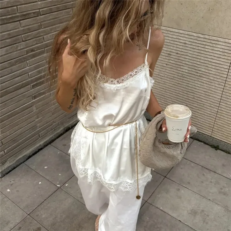 hirigin Lace Trim Satin Cami Tank Tops for Women Spaghetti Strap Sexy V Neck Silk Camisole Going Out Party Club Shirts