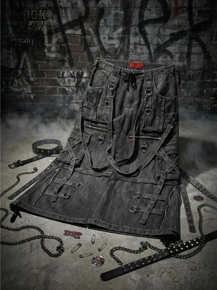 Mens Jeans Harajuku Vintage Gothic Punk Dark Grey Cargo Denim Pants Metal Buckles Chains Multi Pocket Adjustable Strap Y2K New