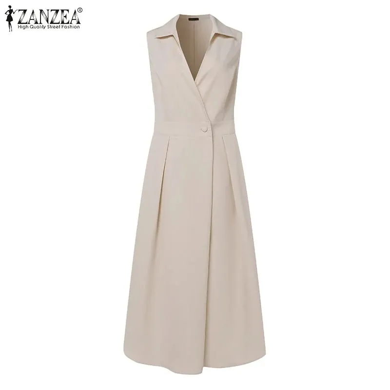 Pendlermode Midikjole Sommer Revershals Elegant Cinched Talje Plisseret Kjoler Kvinder Solid Farve A-line Vestidos