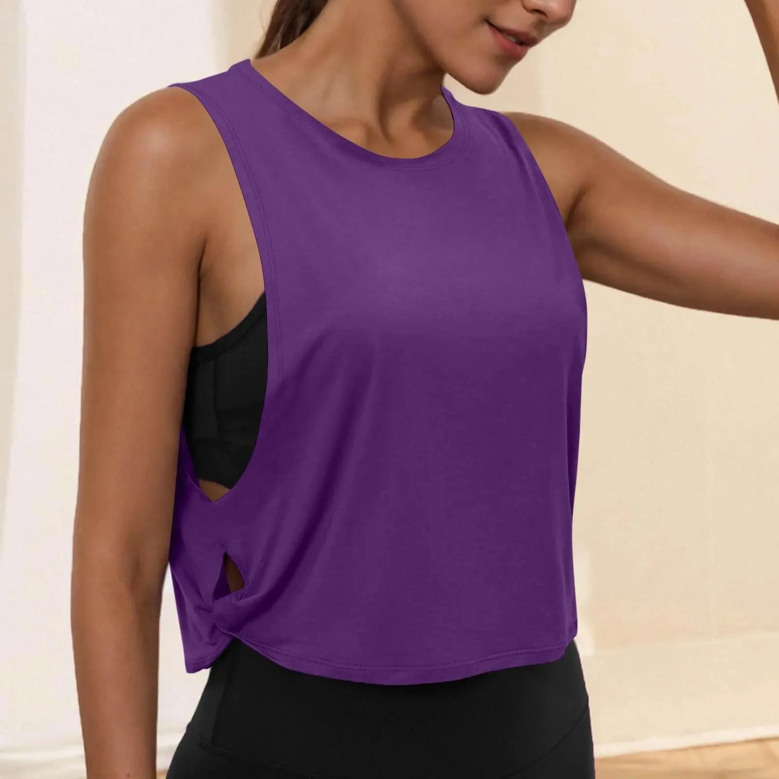 Women Sleeveless Yoga Tops Running Short Tank Crop Top Athletic Vest Breathable Blouse Cover Up Gym Workout Cool T-Shirt