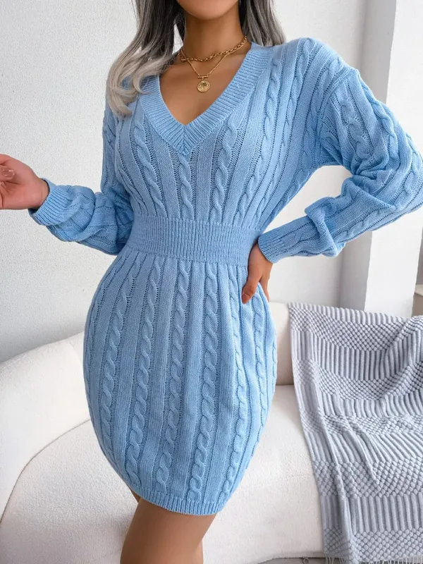 VigoCasey 2026 V Neck Casual Short Knit Dress Autumn Winter Women Solid Long Sleeve Dress Lady Khaki Bodycon Knitted Dresses — image 10
