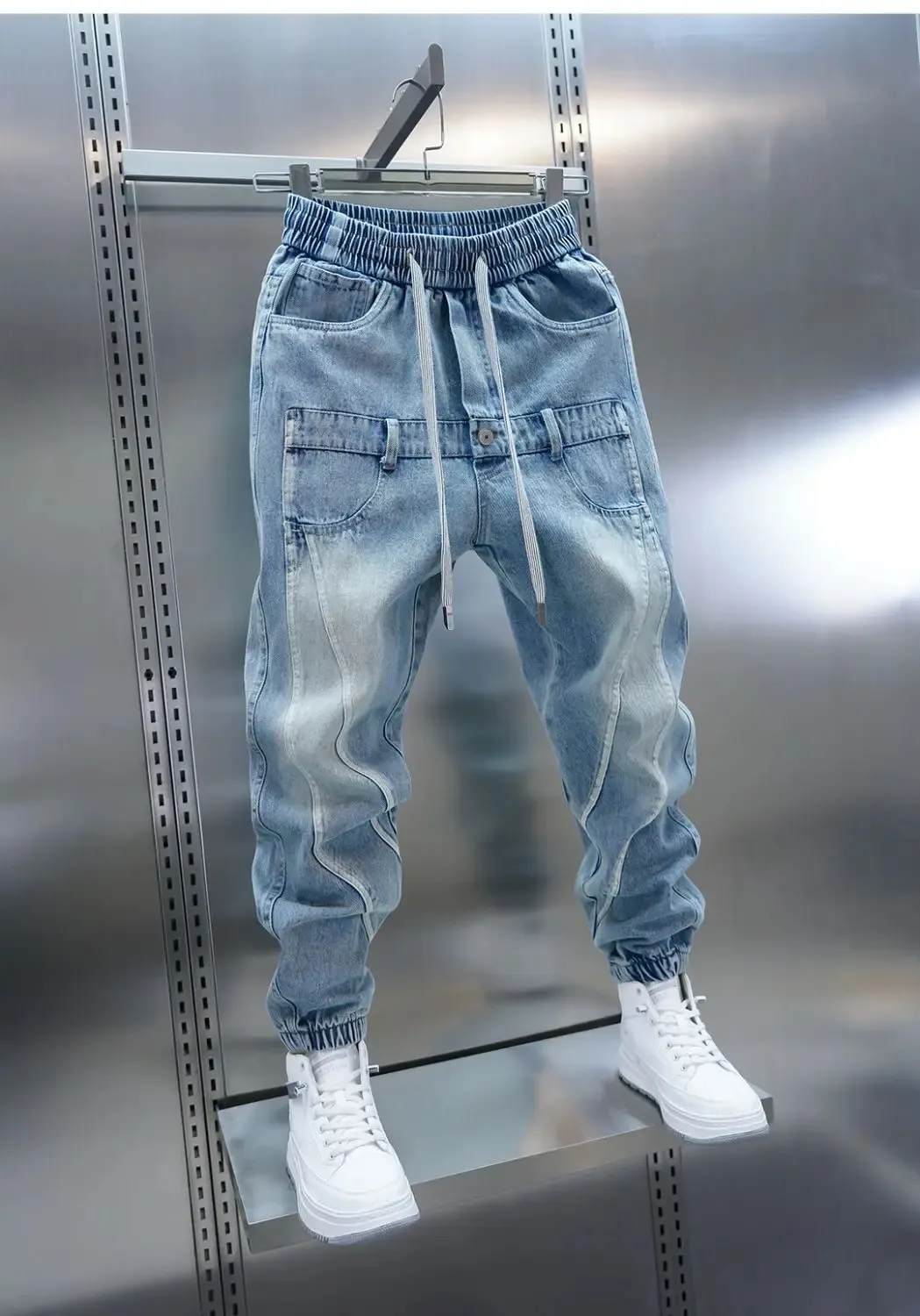 2026 Light Blue Gradient Harem Jeans Outdoor Casual Loose Fit Long Trousers Brand Men's Clothing