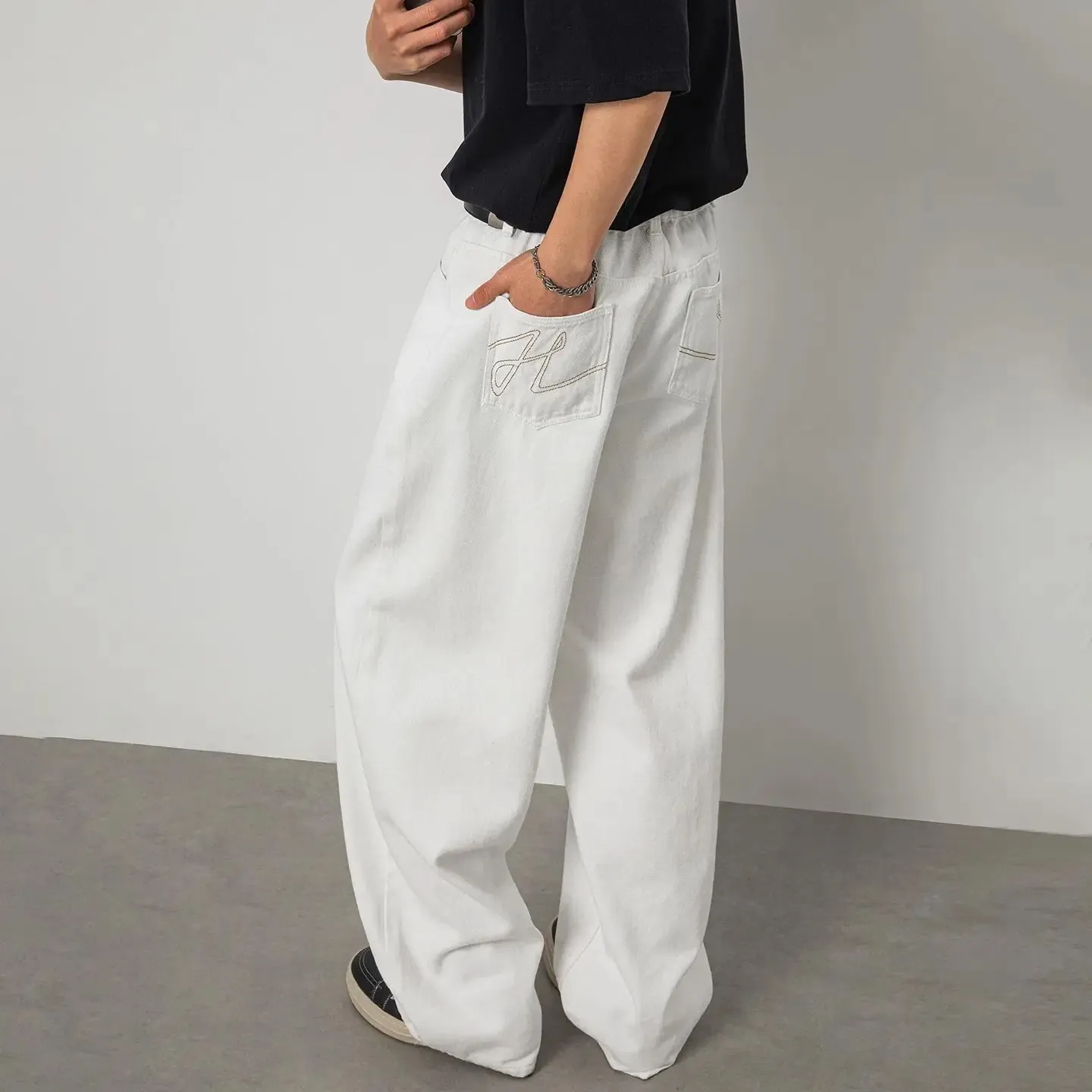 100% Cotton White Jeans Classic Embroidered Straight Loose Korean Retro High Street Y2K Casual Wide Leg Pants for Men and Women