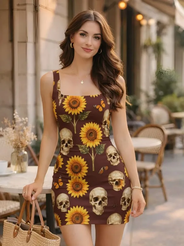 Women Square Neck Tank Bodycon Mini Dress Slim Fit Beach Cafe Travel Casual Elegant Outfit for Resort Holiday Seaside Outfits