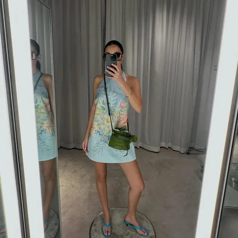 Bohemian Çiçek Baskı Boyundan Bağlamalı Mini Elbise Kadınlar Seksi Kolsuz Backless Kısa Etek Bayan Yaz Parti Tatil Beachwear