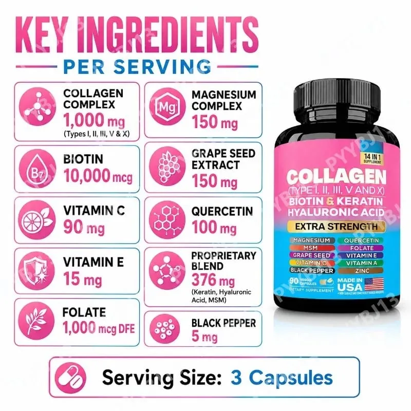 Collagen Biotin Keratin Hyaluronic Acid Capsules Extra Strength with Vitamins A C E and Zinc Skin Health 90 Capsules