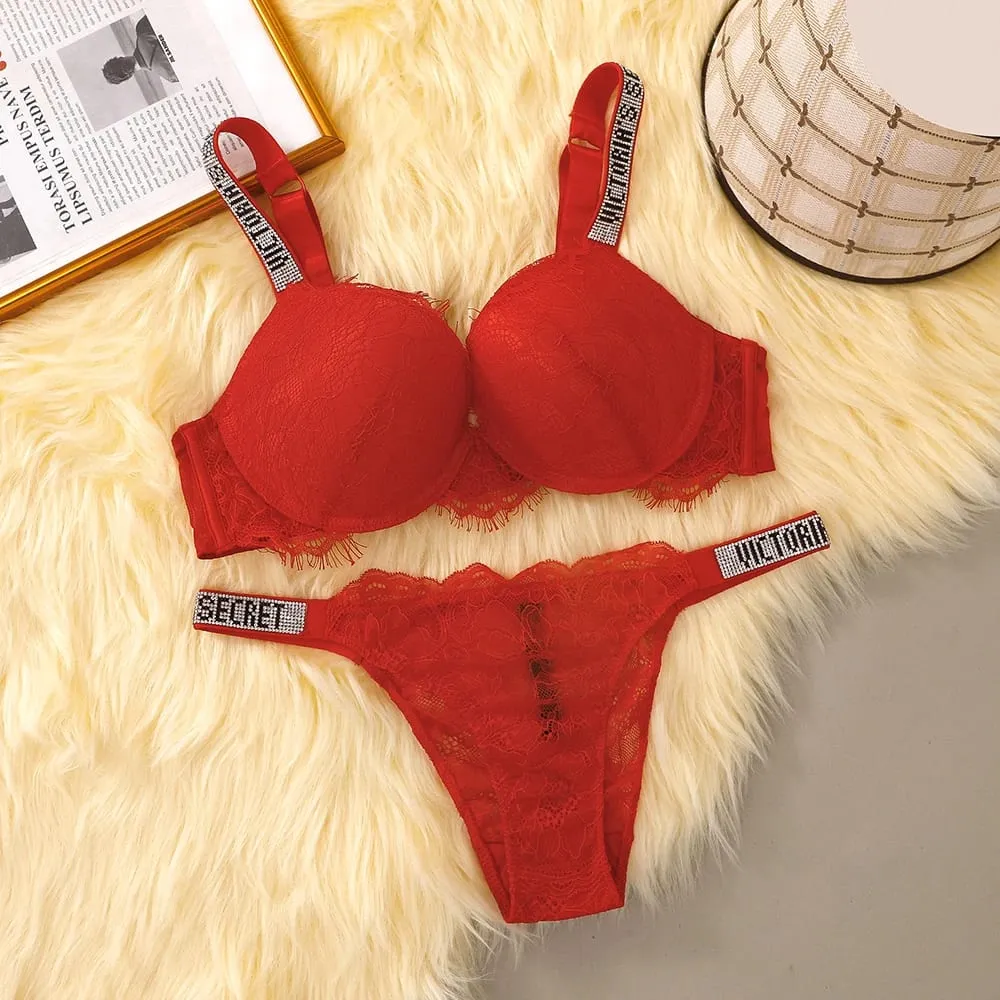 Victoria Secret Sexy Women Underwear Very Sexy Eyelash Lace Fringe Trim Push Up Bra Shine Script Thong Panty Set
