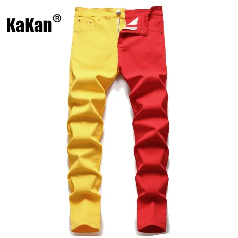 Kakan Slim Slim Fit Pie pequeño empalmado Bi-color Jeans europeos y americanos nuevos pantalones vaqueros de pierna recta K021-1266 para hombres