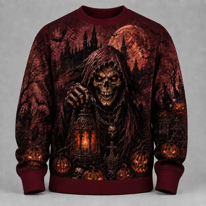 Fleece Sweatshirts Halloween Men's Skulls Sweatshirt Punk Party Gothic Crew Neck Vacation Blue Dark orange Brown Green