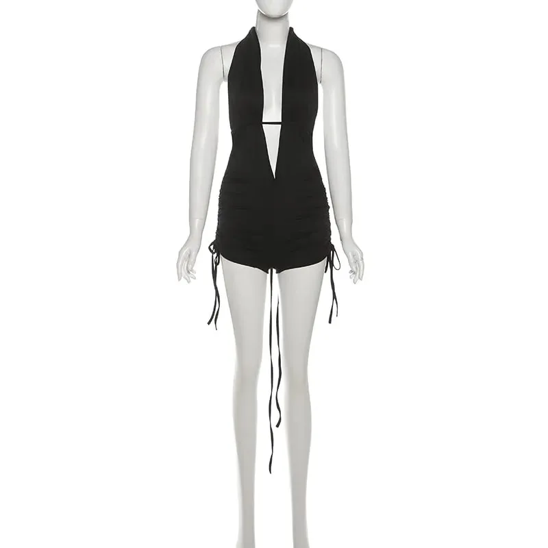 SylCue Sexy Fashion Bodysuit Woman Halter Open Collar Cleavage Sleeveless Shirring Skinny Stretch High Street Style Folds Tops
