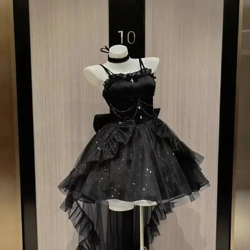 Gothic Red Lolita JSK Dress Women Spaghetti Strap Ruffle Tulle Skirt Chain Bow Decor High Low Hem Vintage Princess Party Dress — image 8