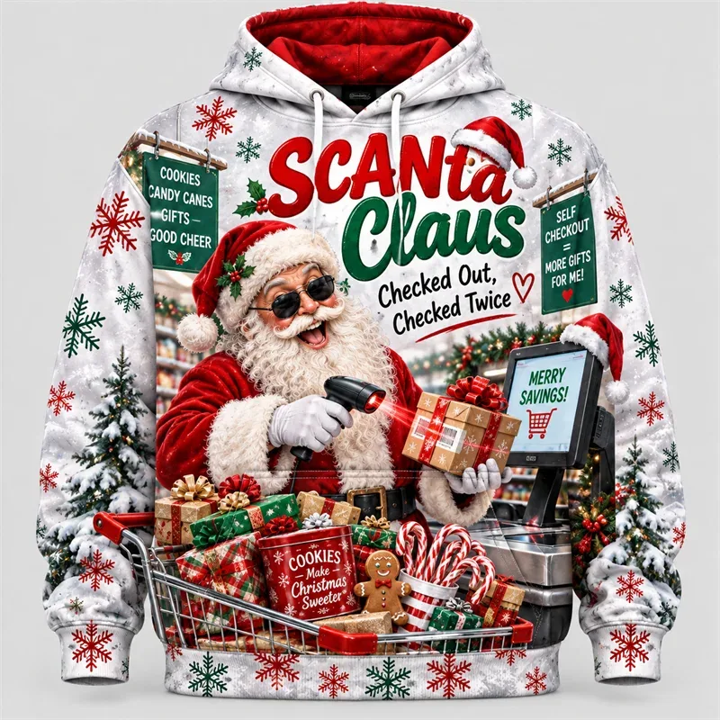 Funny Santa Christmas Hoodie 3D Print Karaoke Sleigh Repair Laundry Snack Holiday Party Pullover Winter Streetwear Gift