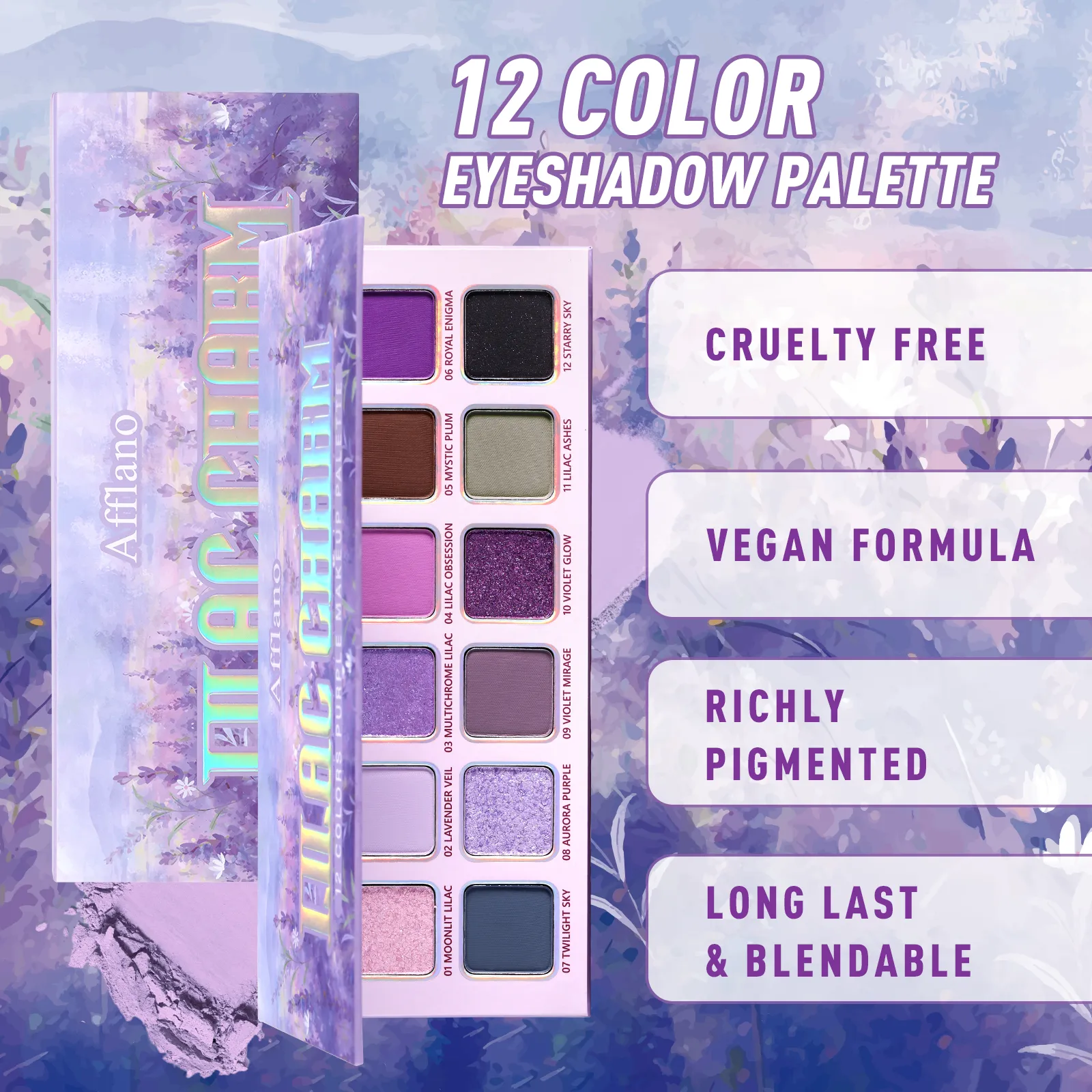 Afflano 12 Colors Eyeshadow Palette Matte Shimmer Lavender Purple Eye Shadow Smoky Punk Blendable Lasting Halloween Eye Makeup