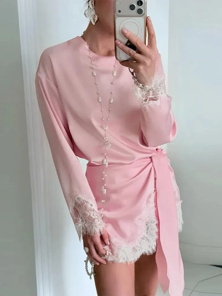 Elegant Women's Dress O-neck Full Sleeve Loose Solid Lace Hem Female Short Dresses 2026 Spring Summer New Sexy Fashion Lady Robe