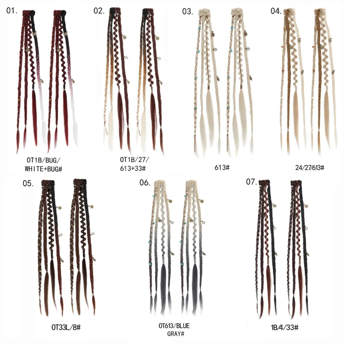2Pcs Clip in Braided Hair Extensions for Women 16/20 Inch Handmade Synthetic Boho Clip in Braid Hairpieces with Beads & Charms