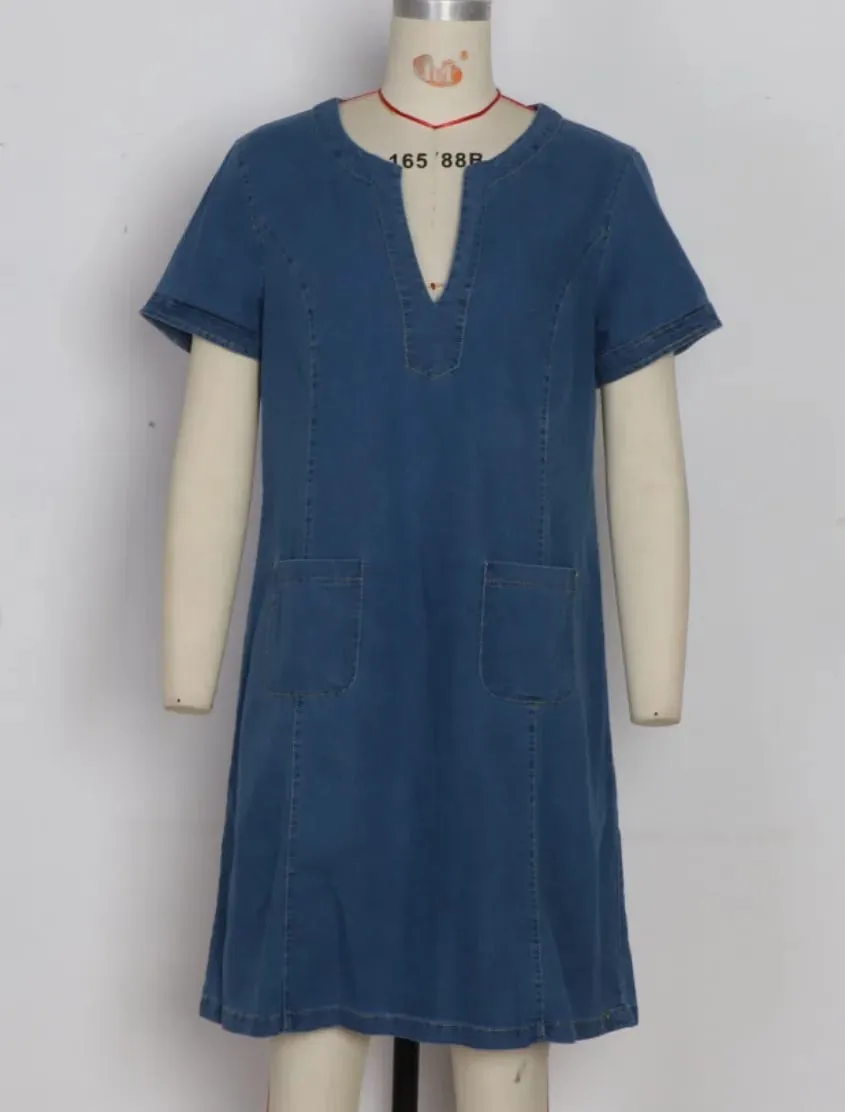Denim Dress Women Streetwear Dresses V Neck Short Sleeves Pockets A Line Vintage Distressed Washed Summer Vestidos LYQ603122