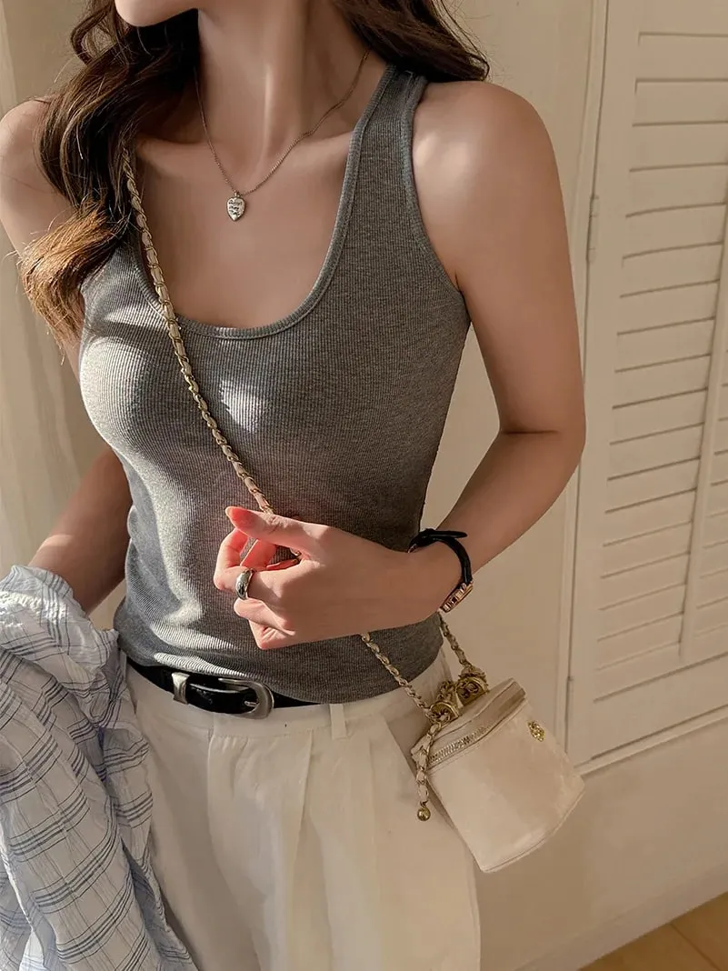 Women's Solid Color Lace Korean Vest Summer Trendy Singlet Cotton Sleeveless Camisole U-Neck Comfortable Female Tank Tops