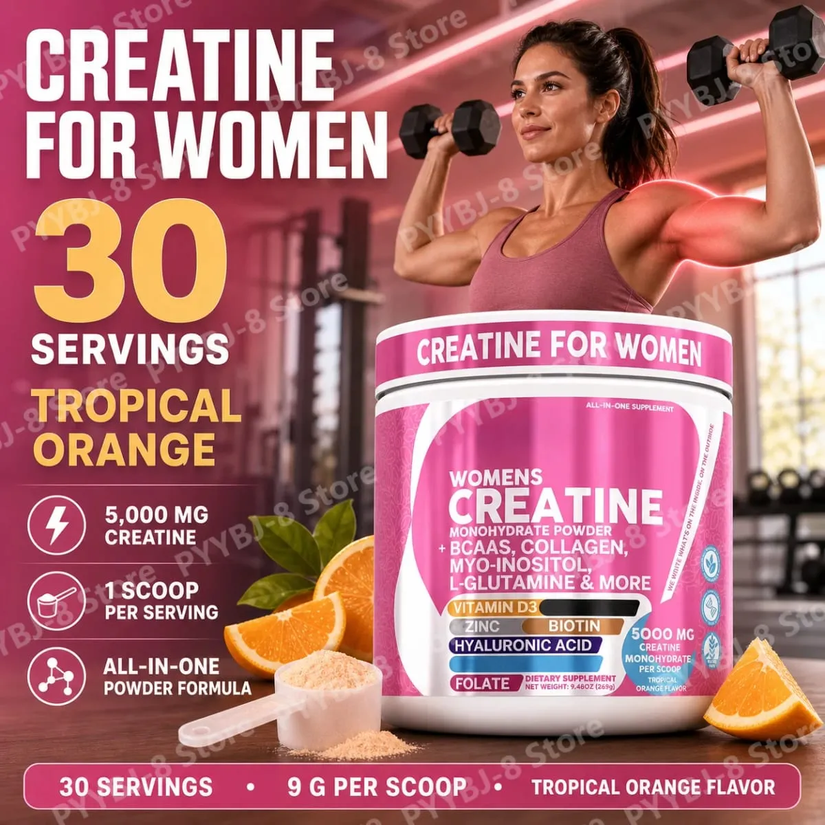 Women's Creatine Monohydrate Powder 5000mg BCAA Multi-Collagen Biotin Vitamin D3 Tropical Orange Sports Nutrition 30 Servings — image 2