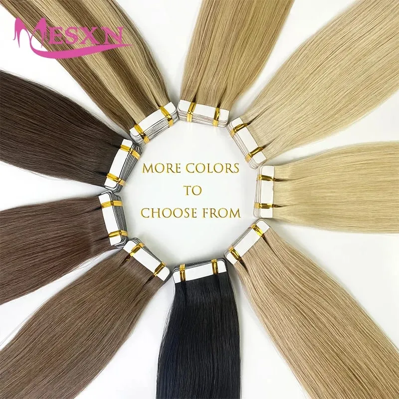Tape in Human Hair Extensions Natural Seamless Invisible SKin Weft 14"-24" Double Sided Adhesive Real Natural Hair